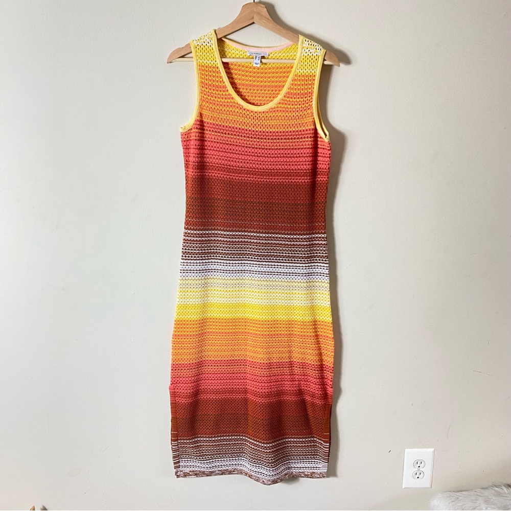 Isaac Mizrahi Open Weave Knit Maxi Cover Up Dress Orange Yellow Brown Stripes